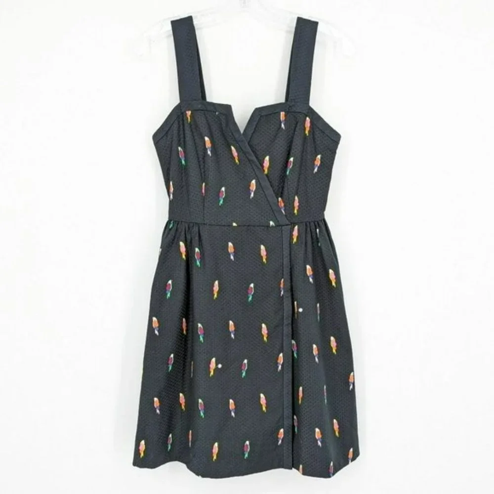 Kate Spade Flock Party Dress 0 Black Parrot Jacquard Fit N Flare Mock Wrap Mini